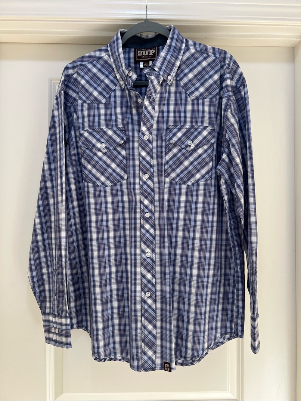 Men’s Blue & White Plaid Button-Down Shirt